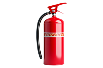 A bright red fire extinguisher with a black hose and a decorative band isolated on transparent background
