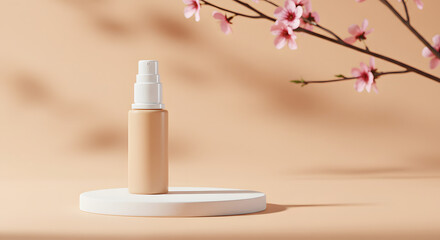 A beige foundation bottle with a white pump sits on a white circular podium, with a blossoming pink flower branch in the background