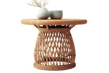 A charming woven table adorned with minimalist pottery bringing a touch of bohemian serenity on transparent background
