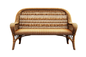 A charming woven wicker loveseat evoking a sense of relaxed coastal living beckoning guests to on transparent background