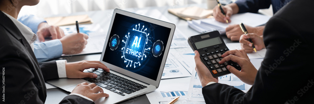 Poster ai ethics responsibility standard law and rules on computer screen provide report of ai ethic transp