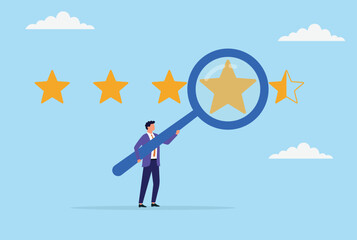Vector illustration of a businessman analyzing customer reviews through a large magnifying glass, highlighting detailed examination and focus on improving customer satisfaction
