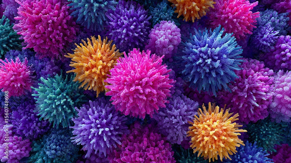 Poster abstract close-up of colorful, rounded structures with a spiky texture, creating a vibrant and intri