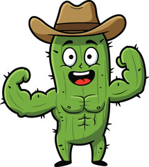  Strong Muscular Green Cactus Character with Cowboy Hat Flexing Arm - Desert Strength, Resilience, Toughness Symbol, Wild West Fitness Mascot.