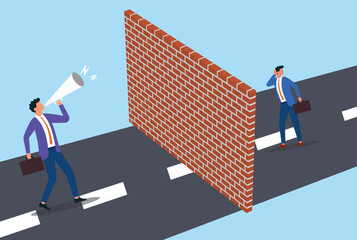Vector illustration of a businessman standing near a wall making an announcement through a megaphone, while another businessman listens from the other side, symbolizing communication barriers
