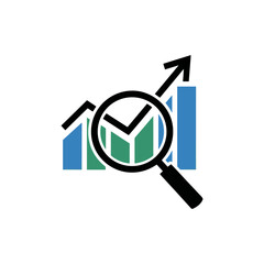 Analyzing Growth: A magnifying glass hovers over a graph depicting upward progress, symbolizing business success and data analysis with modern design. 