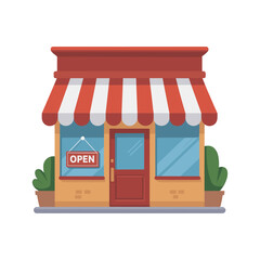 Shopfront: A charming shopfront with striped awning, inviting "OPEN" sign, and potted plants, symbolizing a welcoming retail space.