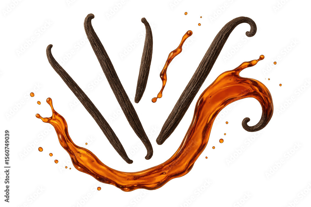 Poster vanilla pods and dynamic liquid splash isolated on transparent background