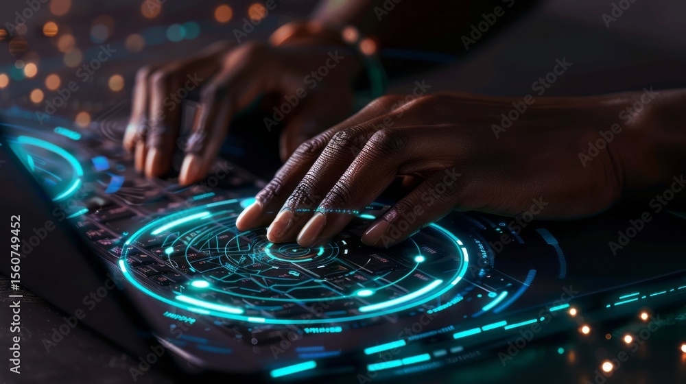Fototapete futuristic technology hands typing on neon laptop digital interface modern innovation bright blue li