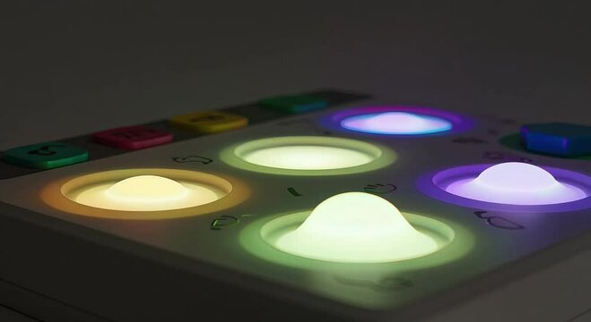The multicoloured buttons of the interactive educational toy glow with bright light and moving blocks, encouraging user engagement