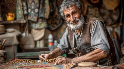 A master artisan teaches ancient craft traditions to the younger generation in a workshop, focusing on creating bags, belts, and buckles with skill and care...