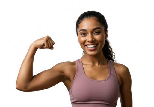 Smiling woman flexing her bicep isolated on transparent background