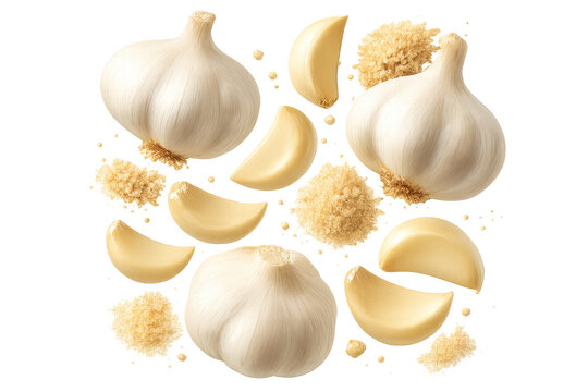 Fresh garlic bulbs, cloves, and granules isolated on transparent background, detailed