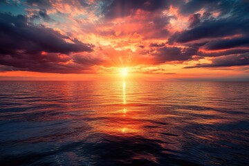 Obraz premium Dramatic sunset over a calm sea. Fiery colors of orange, red, and pink paint the sky, reflected in the still water. Dark clouds frame a vibrant sun