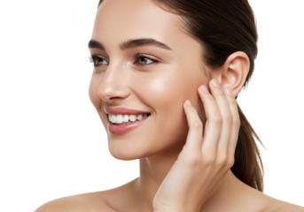 Beautiful young woman with perfect skin and a bright smile isolated on transparent background