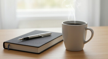  A calm and mindful morning routine with steaming black coffee in a matte white mug, a charcoal linen journal, and a fountain pen. Peaceful, productive start to the day with soft natural light.