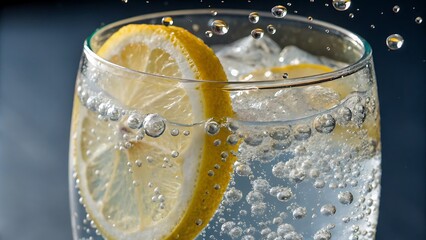 Close up of a glass of sparkling water with lemon slice and ice cubes against a dark background - ai generated