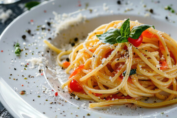 A micro-detailed close-up of cheese vegetable pasta, highlighting the texture of melted cheese, fresh vegetables, and perfectly cooked pasta strands...