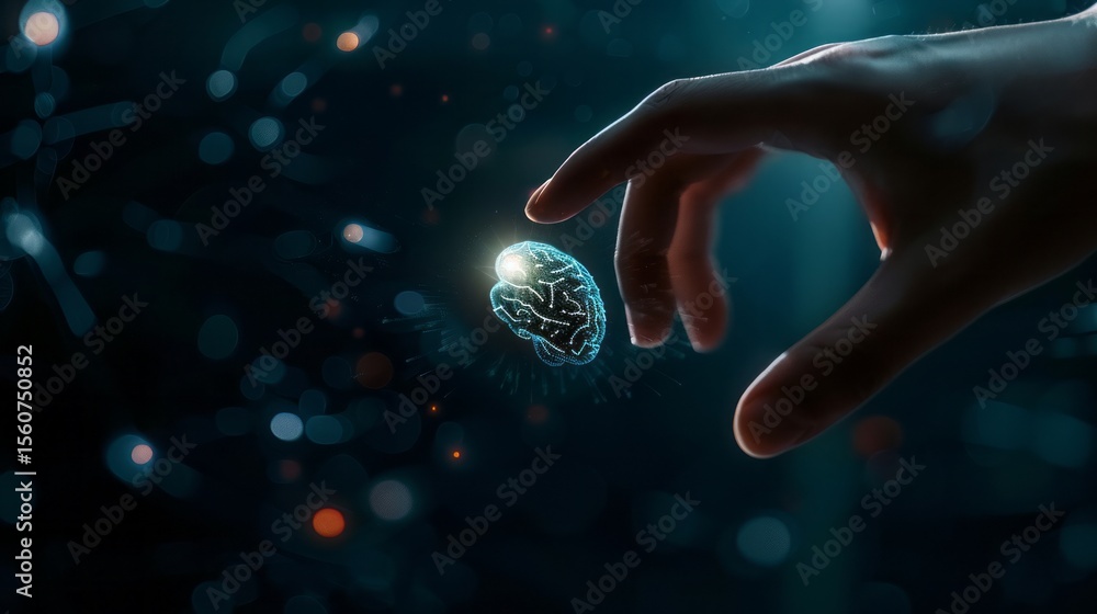 Poster abstract digital brain hologram hand reaching futuristic technology neural network artificial intell