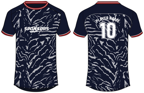 Sports jersey t shirt design flat sketch illustration, Tiger skin printed Round neck football jersey concept with front and back view for Cricket, soccer, Volleyball and badminton uniform kit