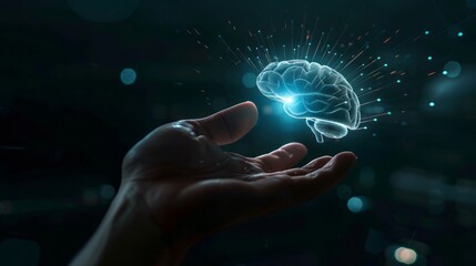 Digital Brain Hologram in Hand Futuristic Technology Concept Artificial Intelligence Neural Network Innovation Science Data Network Connection Digital Transformation Modern Technology Global Network  