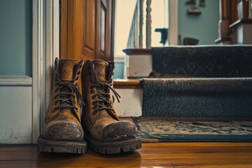 Worn work boots at the entrance of a home