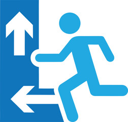 Blue Running Stick Figure Icon with Directional Arrows Indicating Exit or Stairway