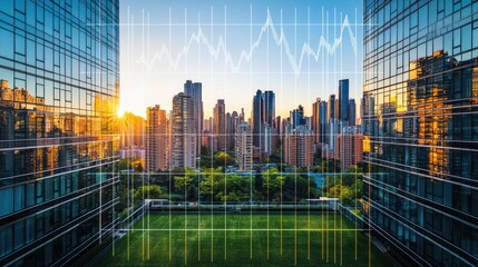 Cityscape through modern building facade
