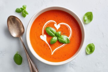 Bowl of vibrant tomato soup garnished with fresh basil leaves, featuring heart-shaped cream design, placed on a light textured surface, evoking warmth and comfort in culinary presentation