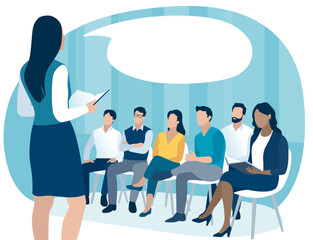 Education, presentation, learning, business illustration. Speech bubble for headline. Business team listening to the female teacher.
