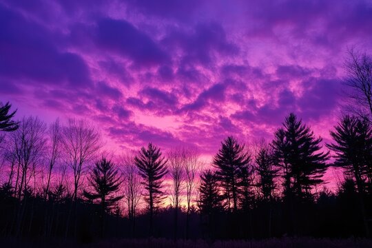 Silhouetted forest at vibrant purple sunset - Powered by Adobe