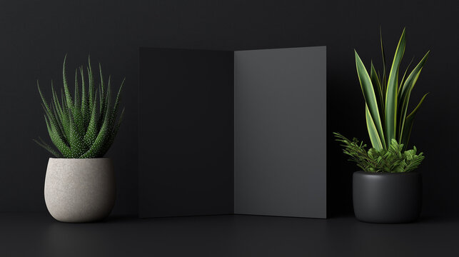 Minimal black brochure mockup on dark desk with green plants, top view. Elegant stationery scene for branding, marketing, or presentation design showcase