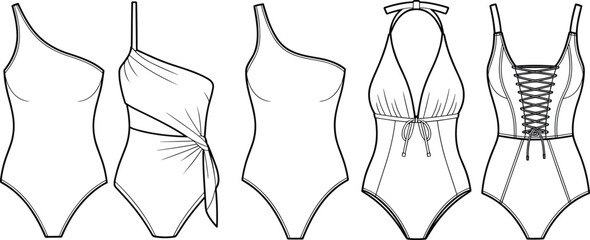 Set of 5 one-piece swimsuit vector fashion flat sketches, swimwear design templates for technical drawing, apparel, digital design