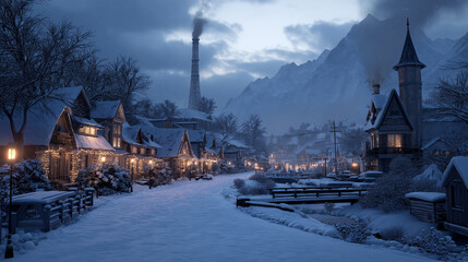 Fototapeta premium Cozy snow-covered village at dusk with glowing warm lights, smoking chimneys, winter trees, and serene mountain background in soft evening light atmosphere