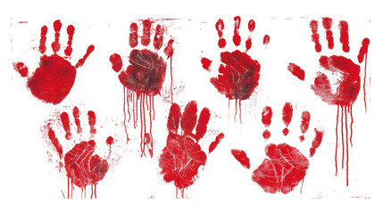 A collection of bloody handprints isolated on transparent background, ideal for horror, halloween, or crime scene designs