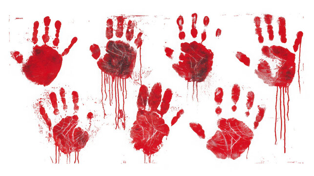 A collection of bloody handprints isolated on transparent background, ideal for horror, halloween, or crime scene designs