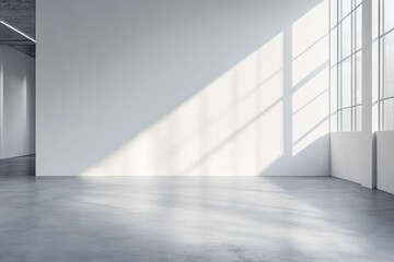 Empty, modern, bright interior space with concrete floor and large windows. Sunlight casts shadows on white walls