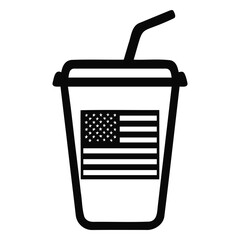 Black outline of a drink cup with a straw and an american flag design displayed on the cup