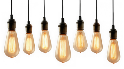 Seven vintagestyle lightbulbs with glowing filaments, hanging from black cords, isolated on transparent background