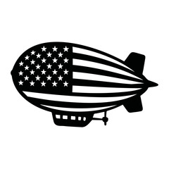 Illustration of a black silhouette of an airship with an american flag design on its side