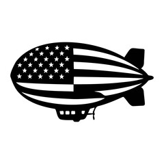 Illustration of a black and white blimp decorated with the american flag design pattern