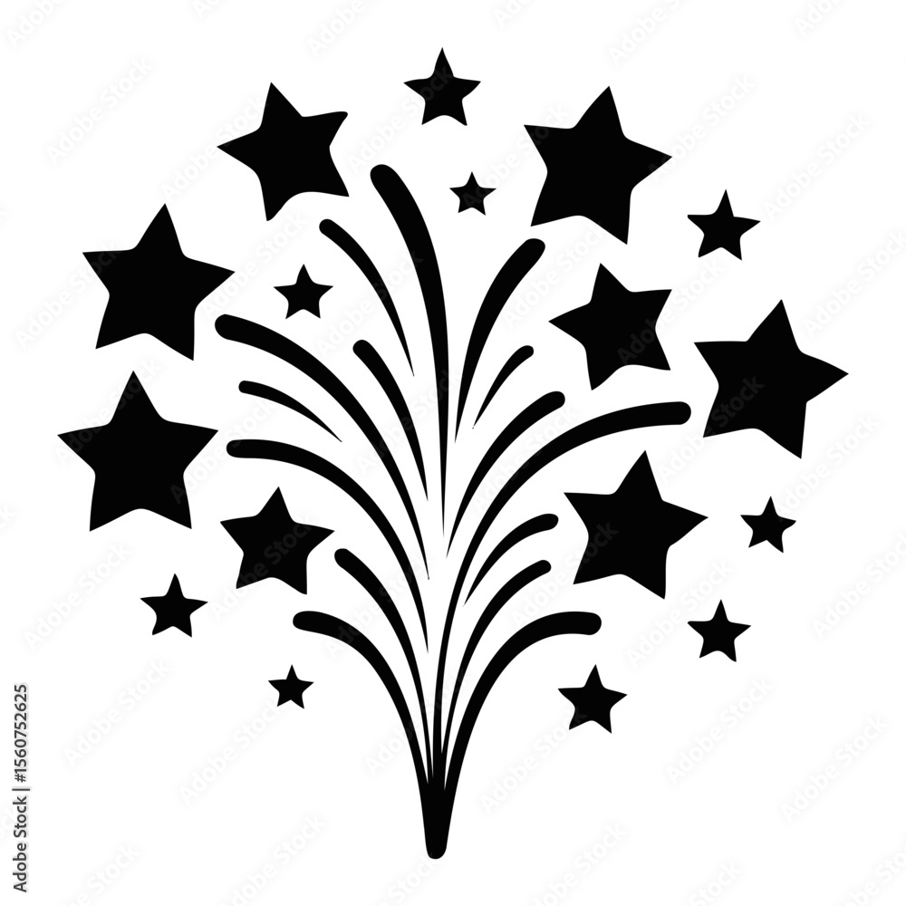 Poster illustration of a firework display with multiple black stars and curved lines shooting upwards