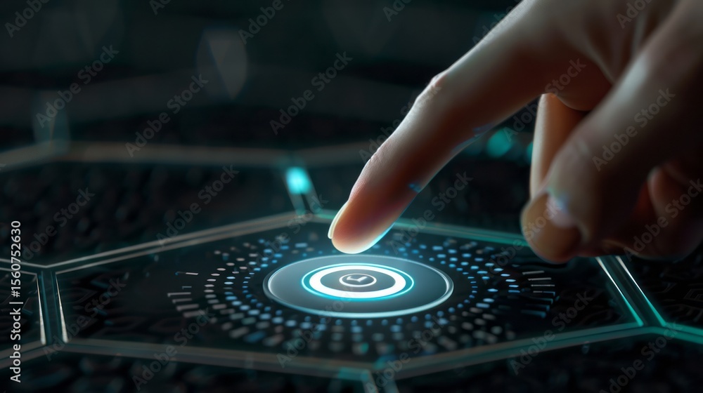 Fototapete futuristic technology interface digital finger touching interactive screen modern button neon lights