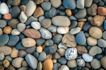 Close-up view of a textured surface composed of various-colored, smooth pebbles