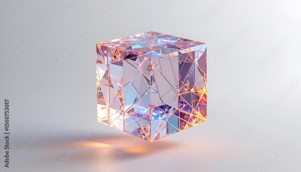 Poster a shimmering crystal cube reflects light in a geometric pattern, showcasing modern design and artist