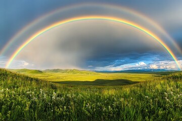 Double rainbow arches over a grassy landscape