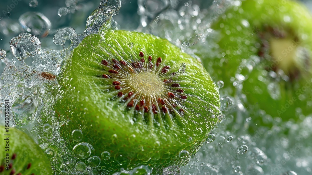 Poster kiwi slices are immersed in sparkling water, causing dynamic splashes and bubbles around them. the v