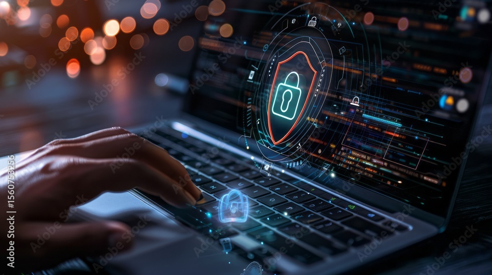 Poster cybersecurity digital shield protection online safety secure data privacy technology network laptop 