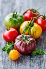 Fresh assorted heirloom tomatoes in various colors and sizes, arranged artistically on a rustic wooden surface, showcasing vibrant textures and natural beauty of organic produce