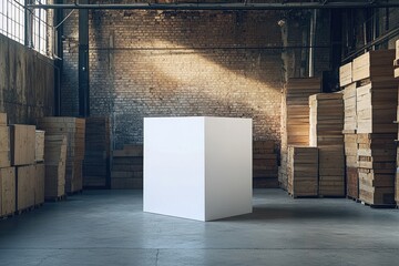 Blank white cube in a large warehouse